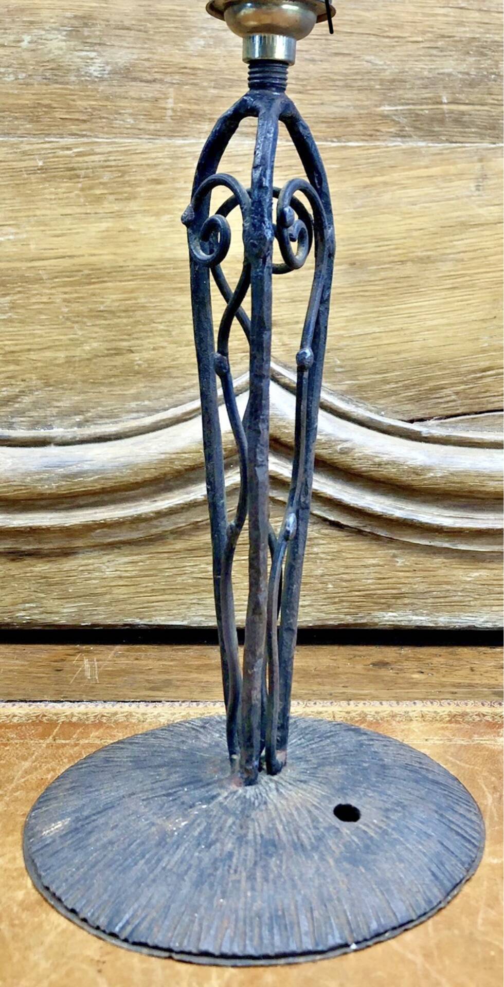 Antique Art Deco lamp from the 1930s, wrought iron with a blue basin in the Ezan style.