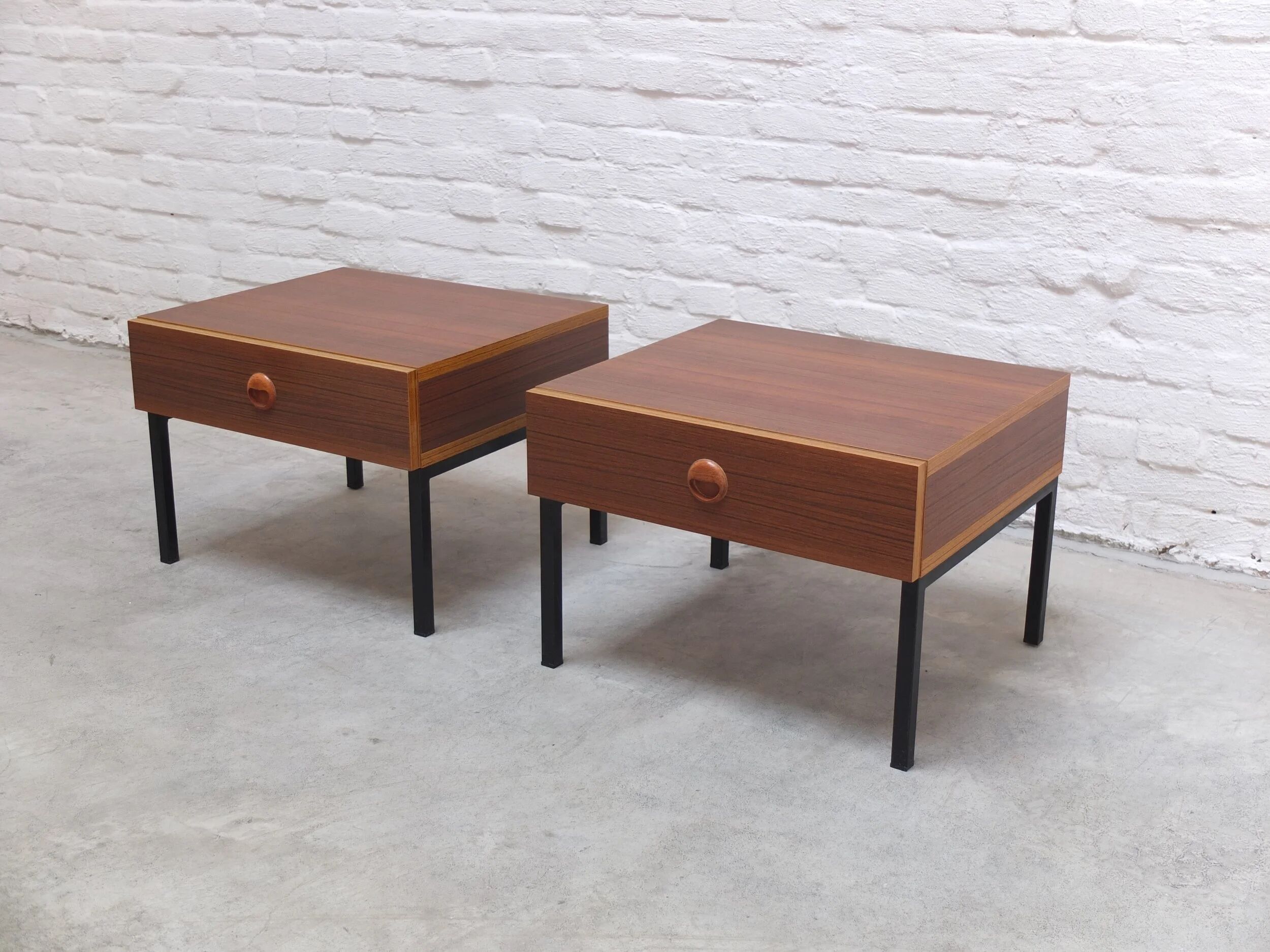 Modernist pair of bedside tables with drawers, 1960s