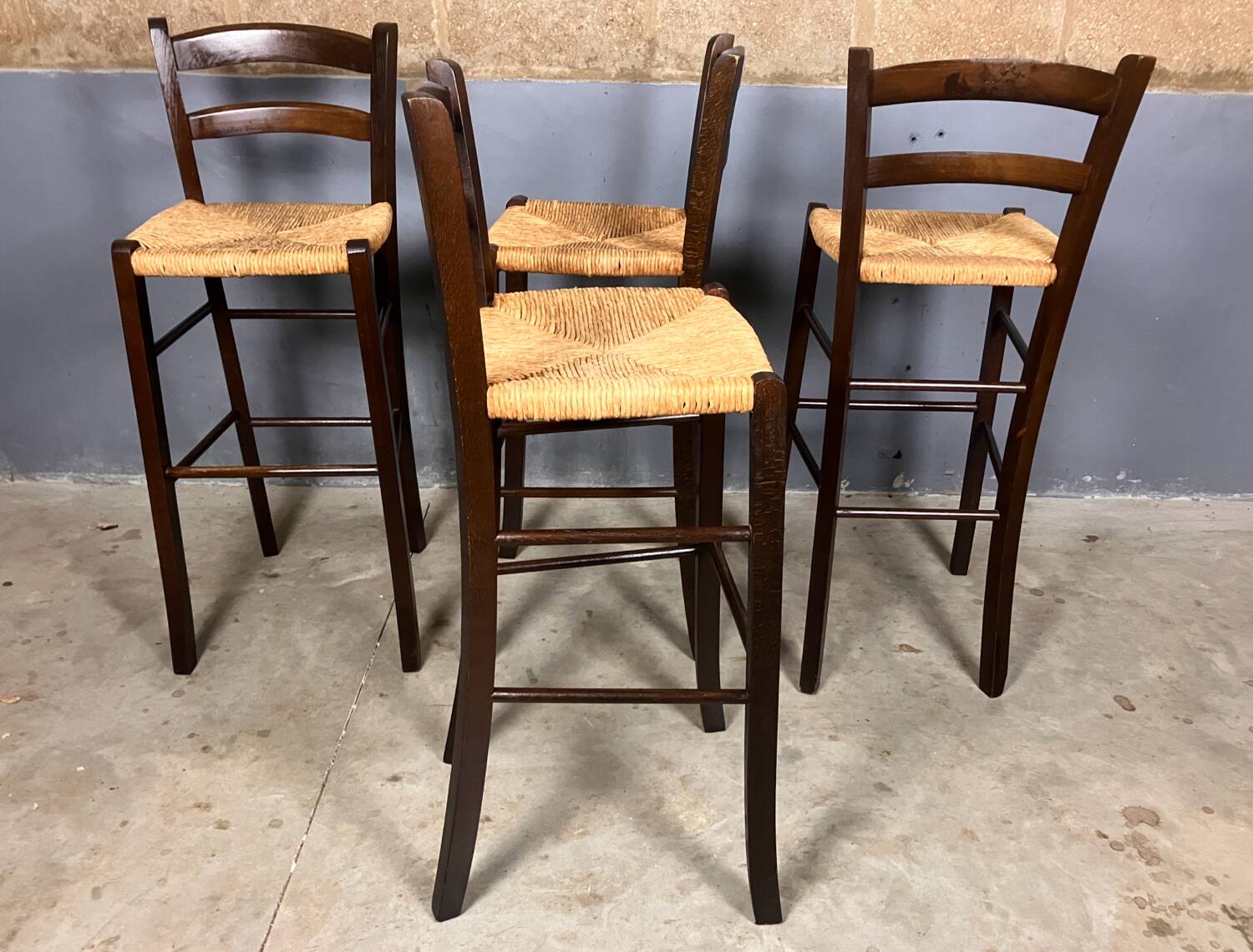 Tabouret de bar 4x vintage jonc brocante
