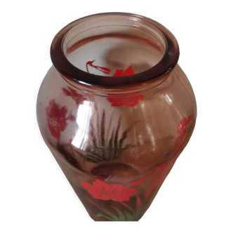 Vase en verre moulé rose sérigraphié jonquille