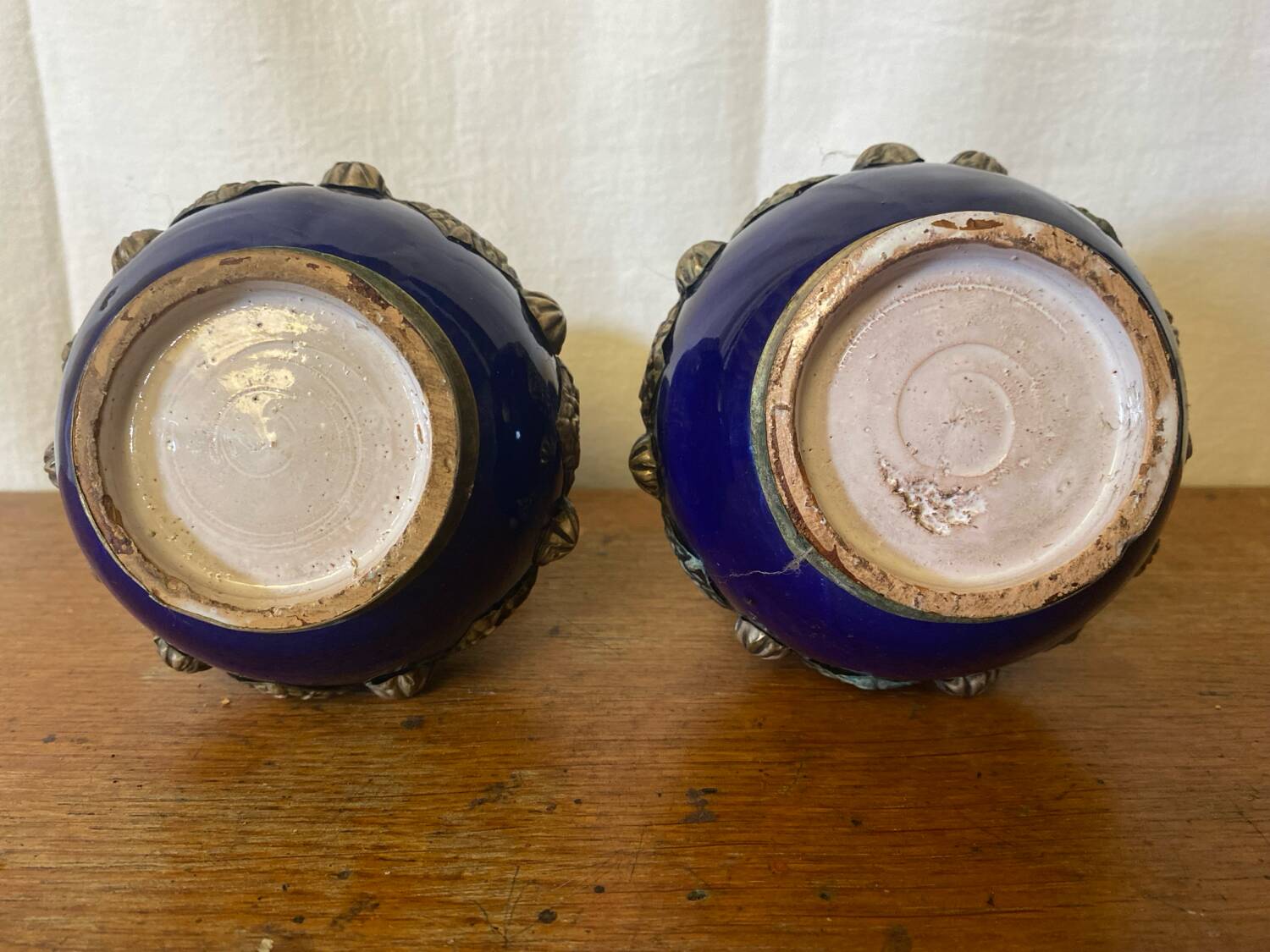 Pair of antique cobalt blue ceramic vases + vintage metal decor