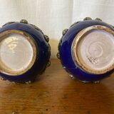 Pair of antique cobalt blue ceramic vases + vintage metal decor
