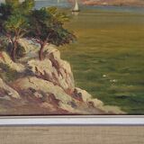 Old oil on canvas, Mediterranean cove landscape