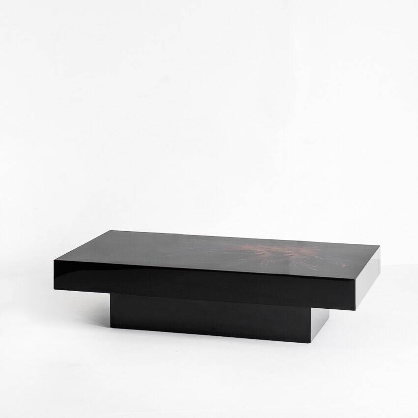 Vintage coffee table. Black lacquered wood with design by H D. France, 1980s
