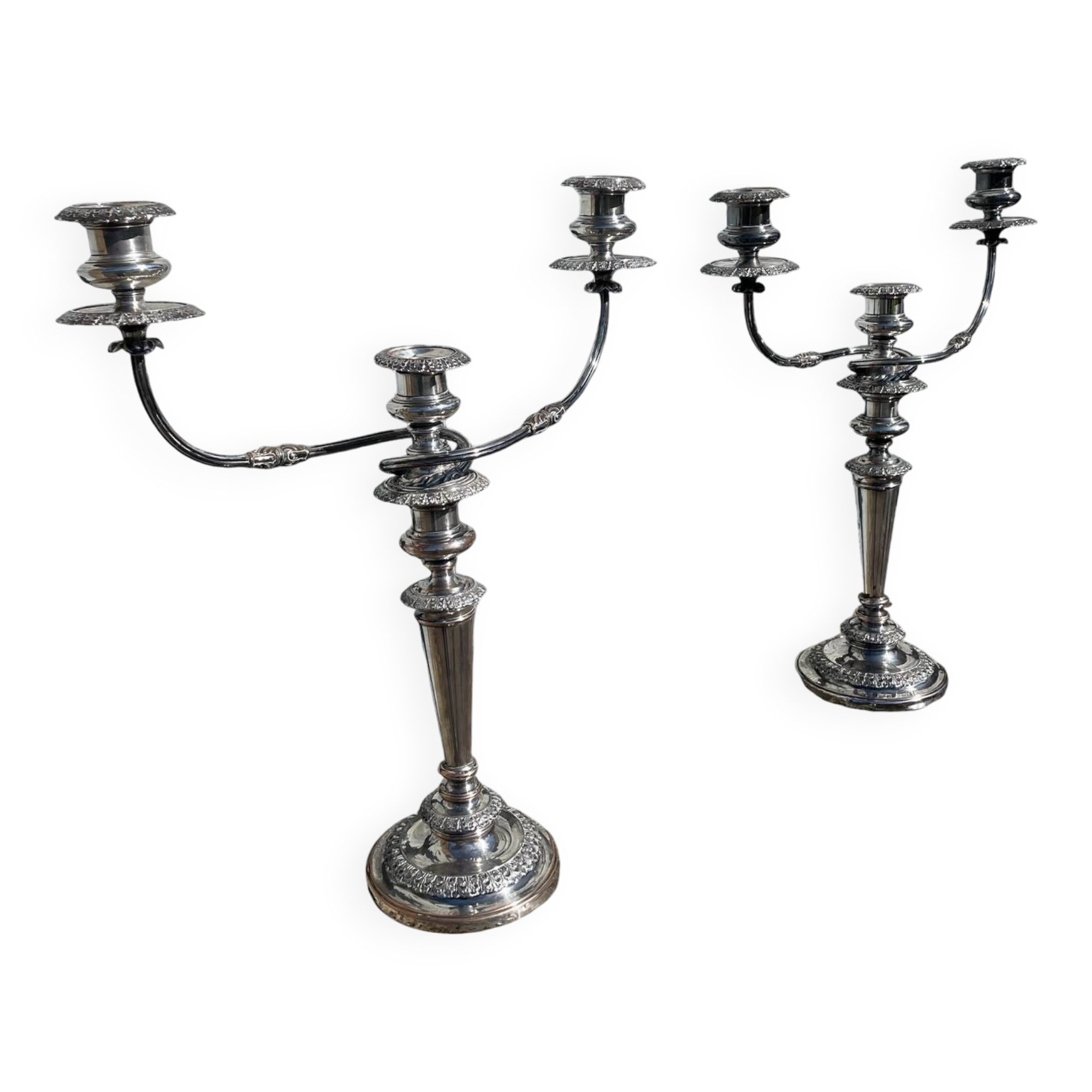 Pair of convertible three-light candelabra in silver-plated metal.