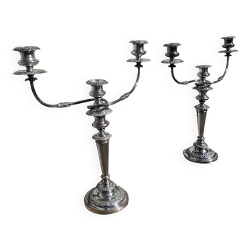 Pair of convertible three-light candelabra in silver-plated metal.