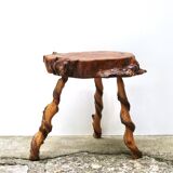 Brutalist tripod wooden side table, 1950s