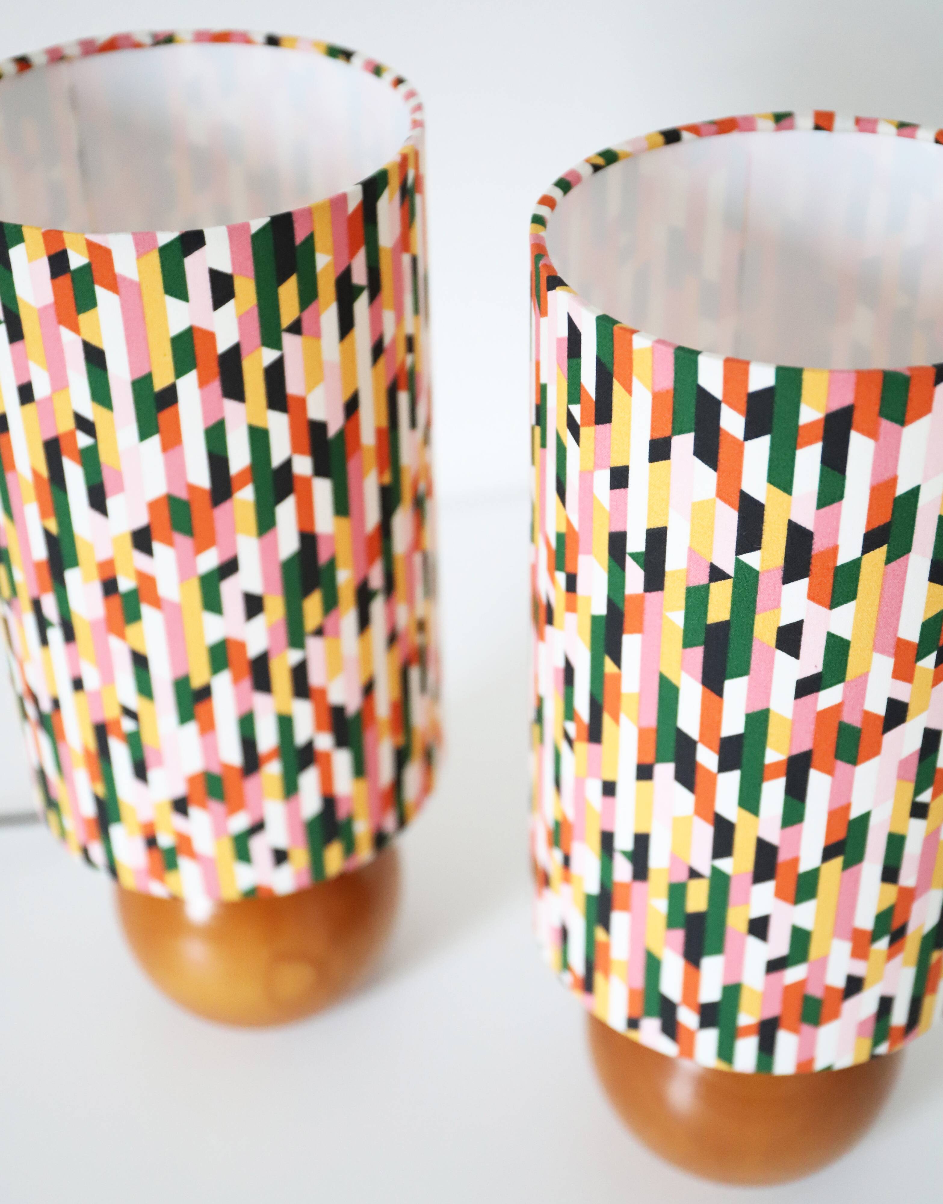 Bedside lamps, solid wood sphere base and printed cylinder lampshade