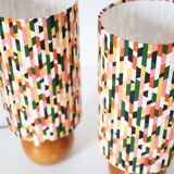 Lampes de chevet, pied bois massif sphère et abat-jour cilindre imprimé