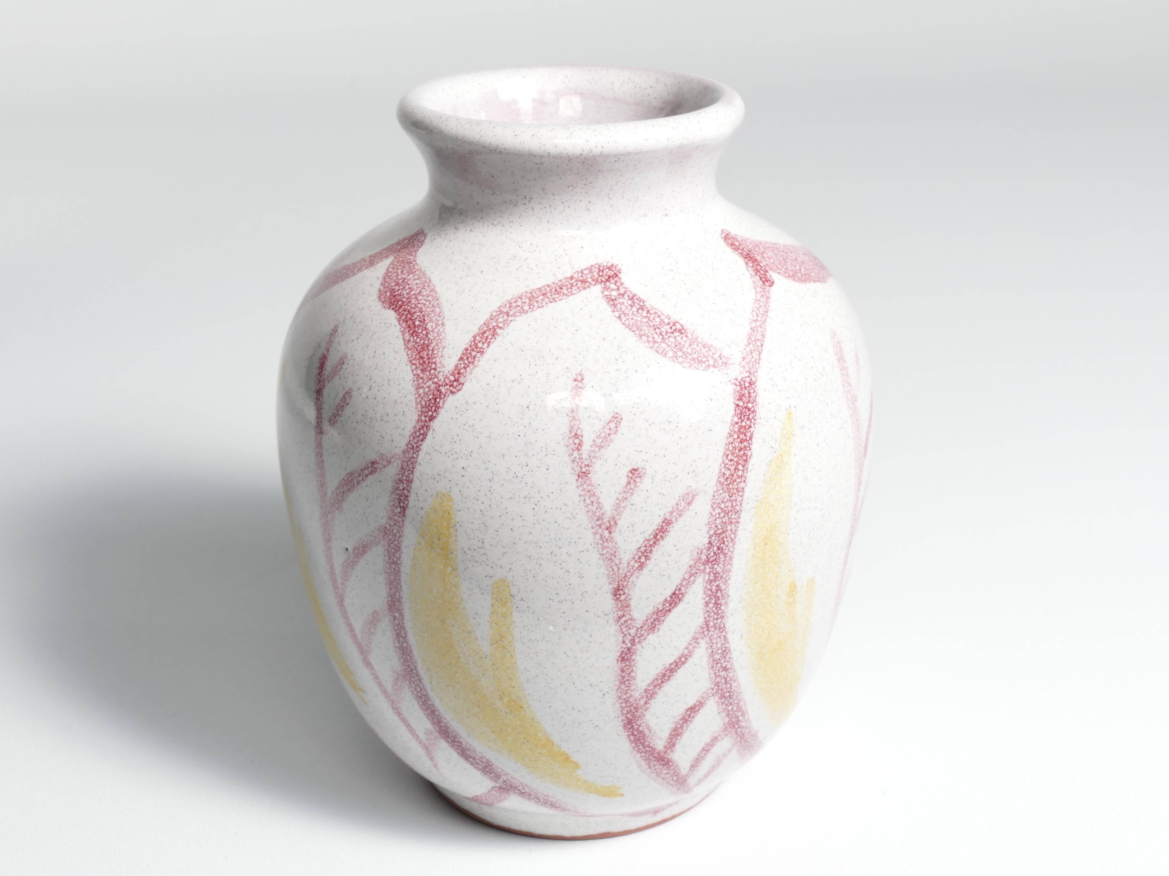 Scandinavian Modern Ceramic Vase with Red & Yellow Leaves, Alingsås Keramik 1947