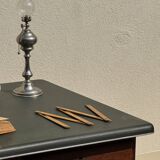 Modernist desk in wood and green moleskin upholstery