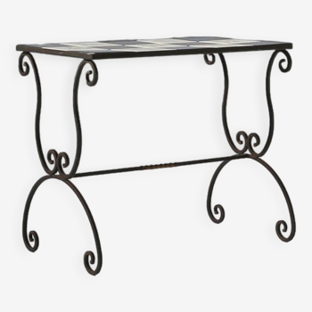 Elegant Italian side table with wrought iron base and decorated ceramic tales, 1950s