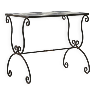 Elegant Italian side table with wrought iron base and decorated ceramic tales, 1950s