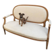 Louis XVI style bench, raw oak, ecru fabric, circa 1900s.