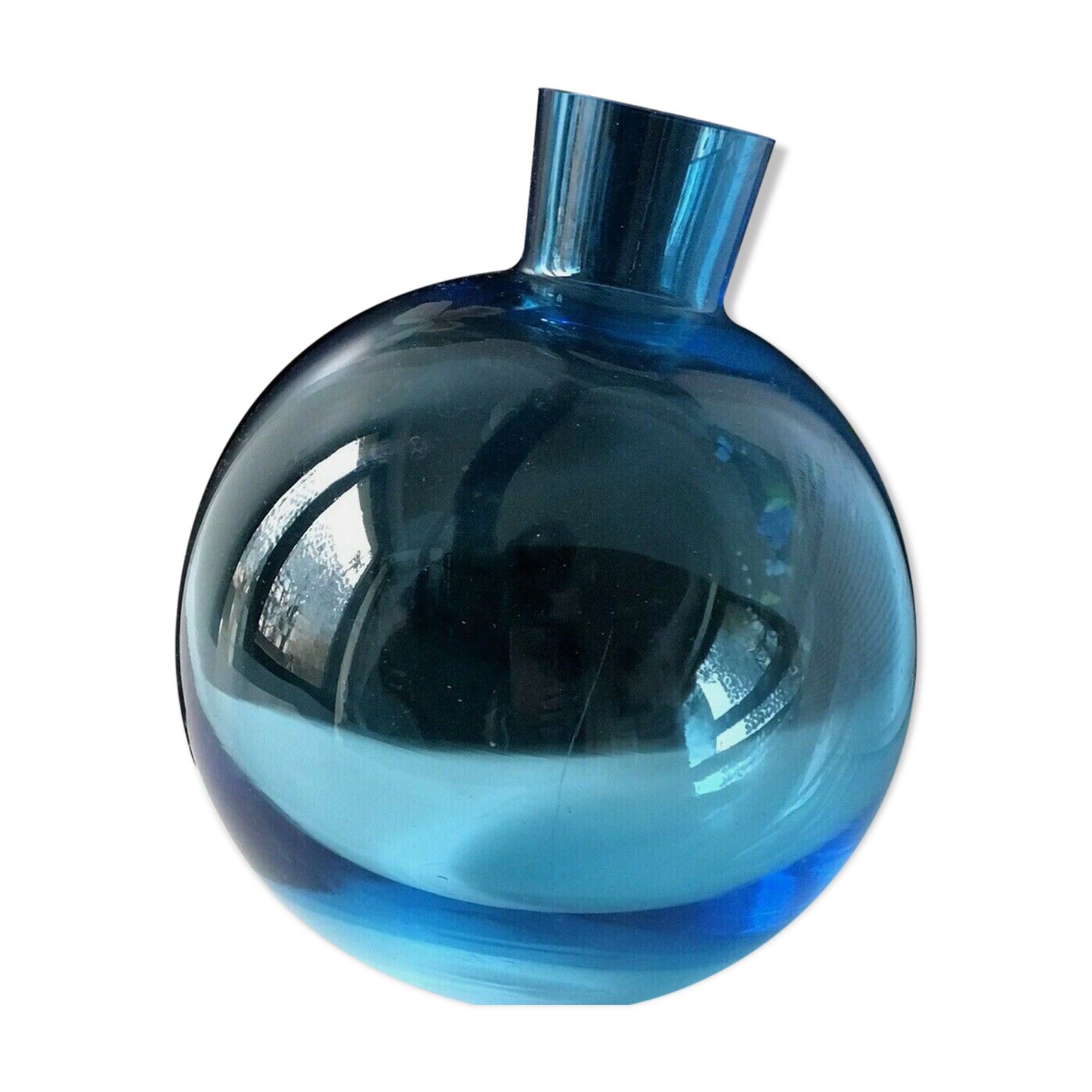 Blue glass ball vase (Portieux?) with tilting bottom