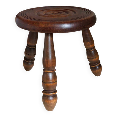 Tabouret bas tripode en bois massif tourné vintage