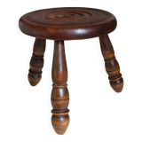 Low tripod stool in vintage turned solid wood