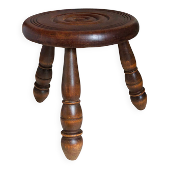 Tabouret bas tripode en bois massif tourné vintage