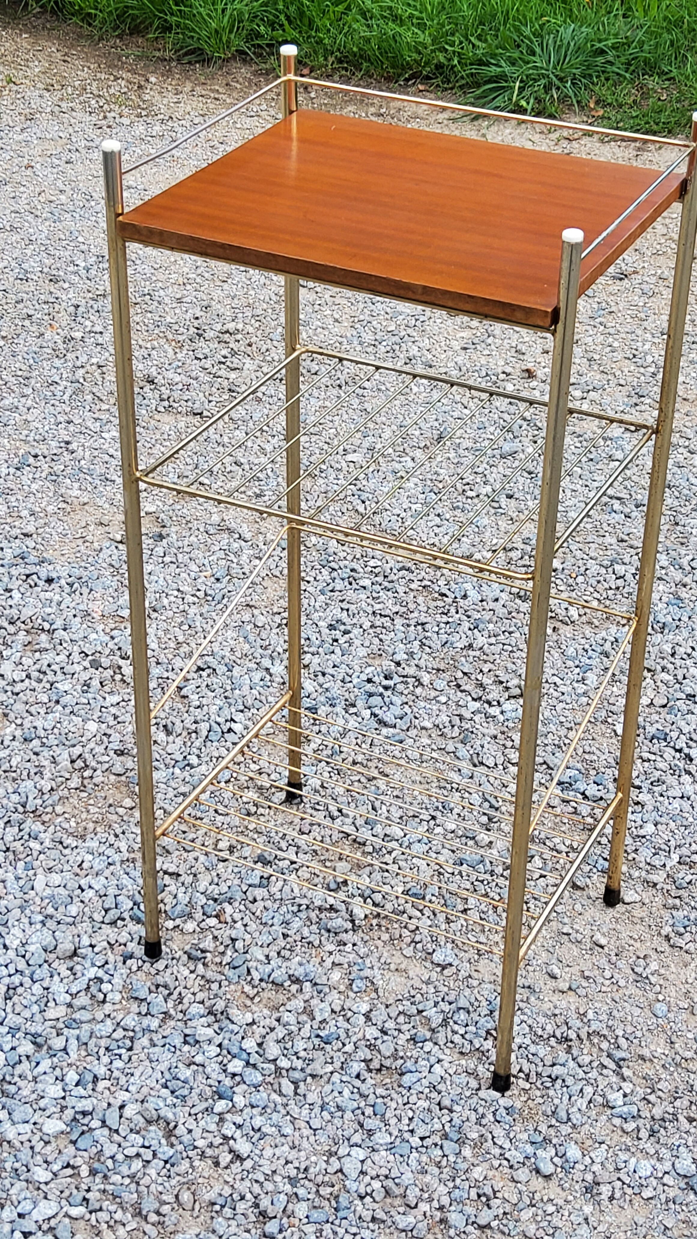 Bedside table from the 50s in gold metal and blond mahogany