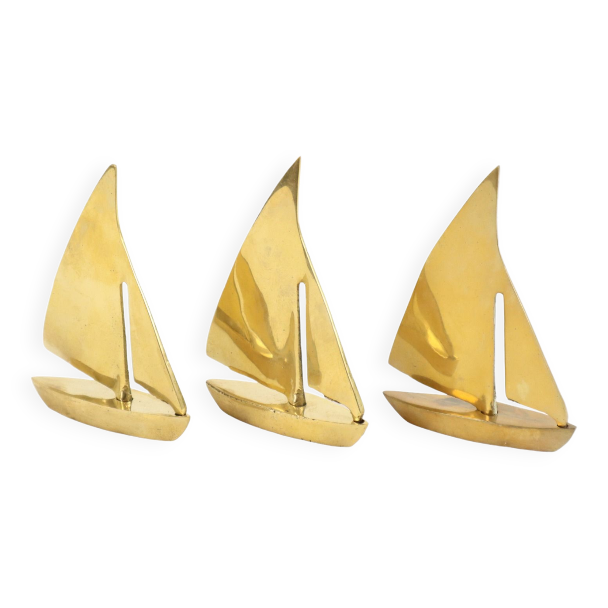 Three Vintage Sailboat Figurines Brass Minimalist Boat Sixties 11cm