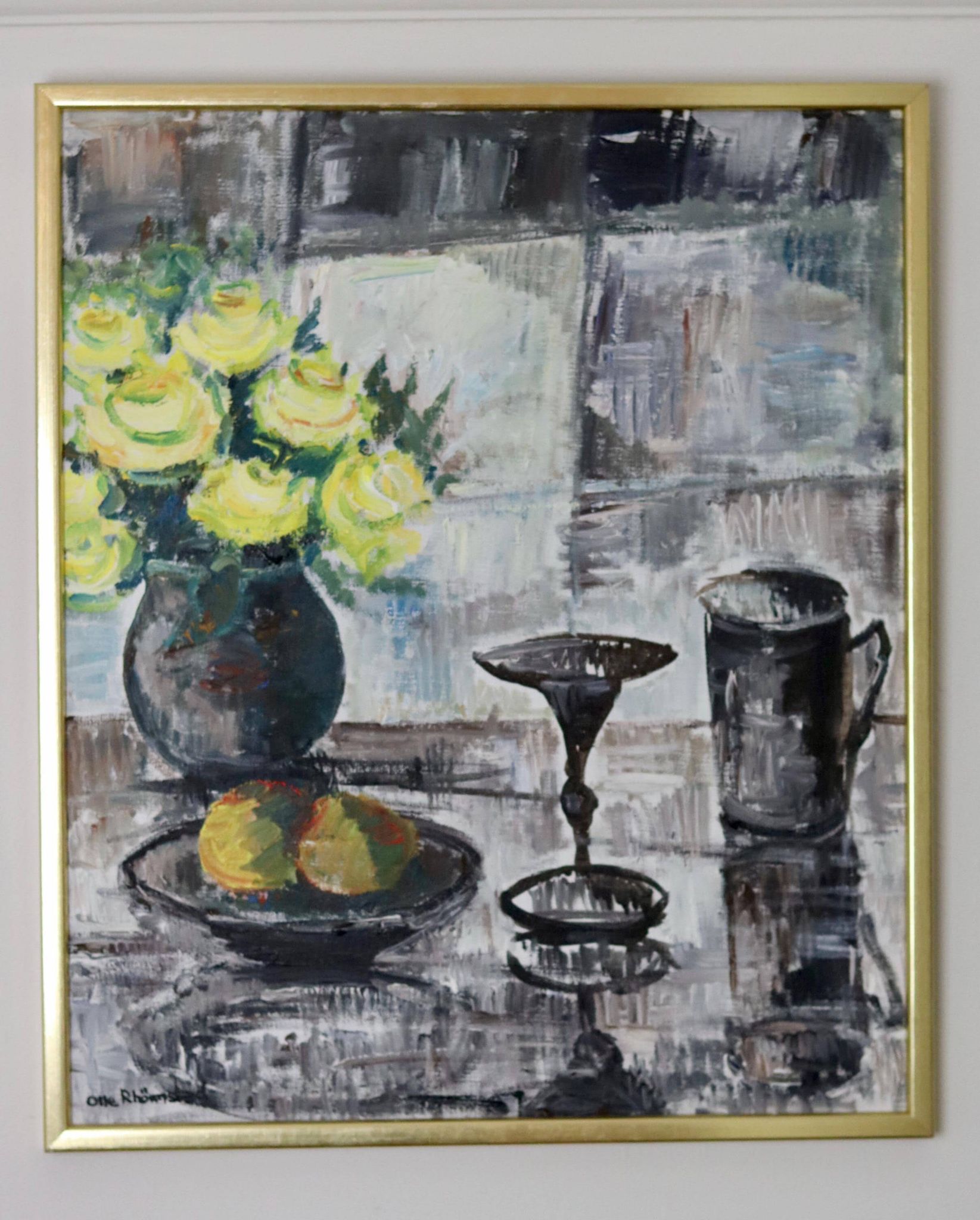 Swedish Mid-Century Oil On Canvas " Still Life with Yellow Roses and Fruit " by Olle Rhönnstrand
