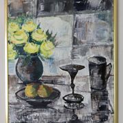 Swedish Mid-Century Oil On Canvas " Still Life with Yellow Roses and Fruit " by Olle Rhönnstrand