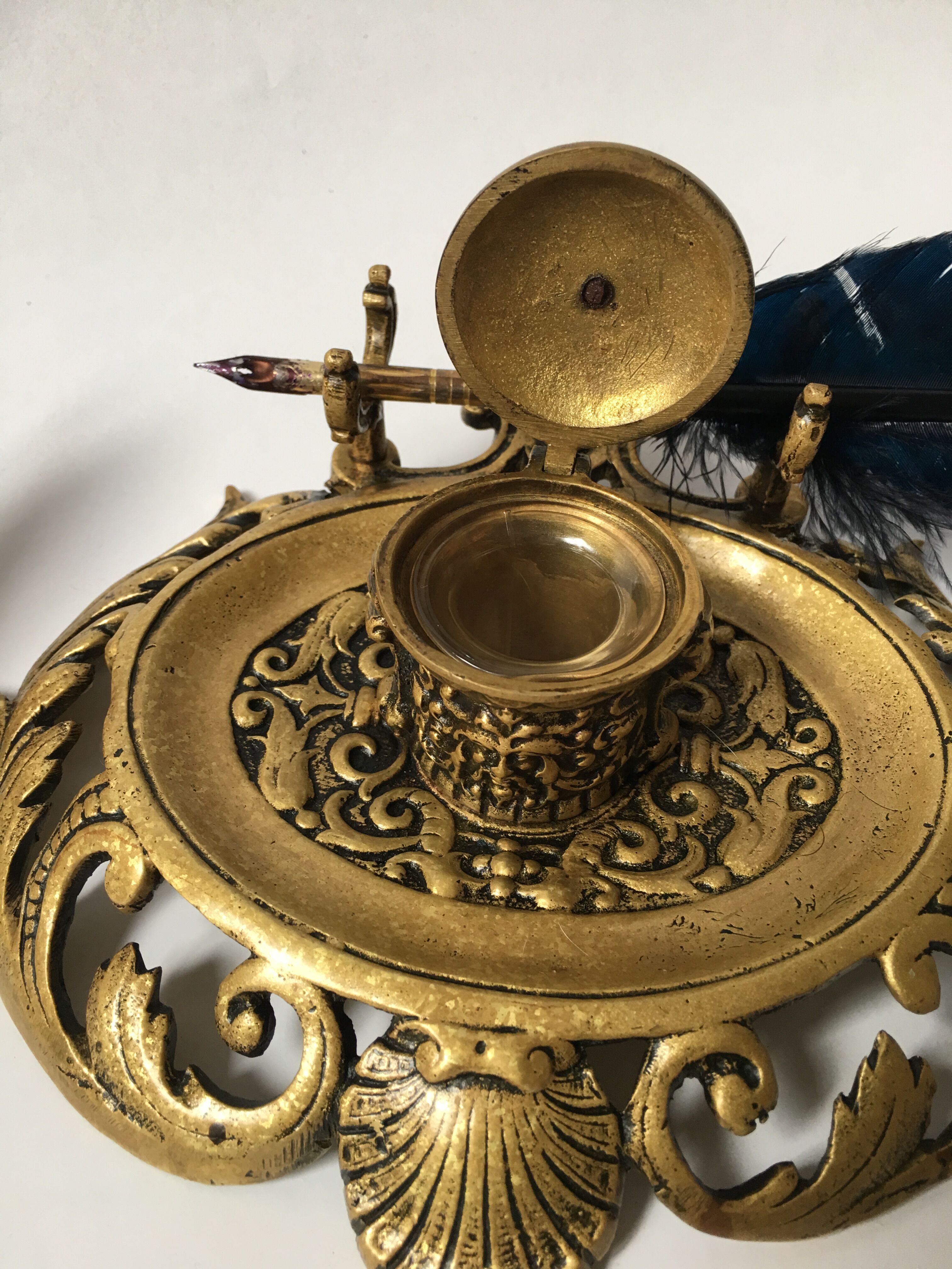Vintage writing kit - Old inkwell and neoclassical ink pad in gilded bronze XIXth