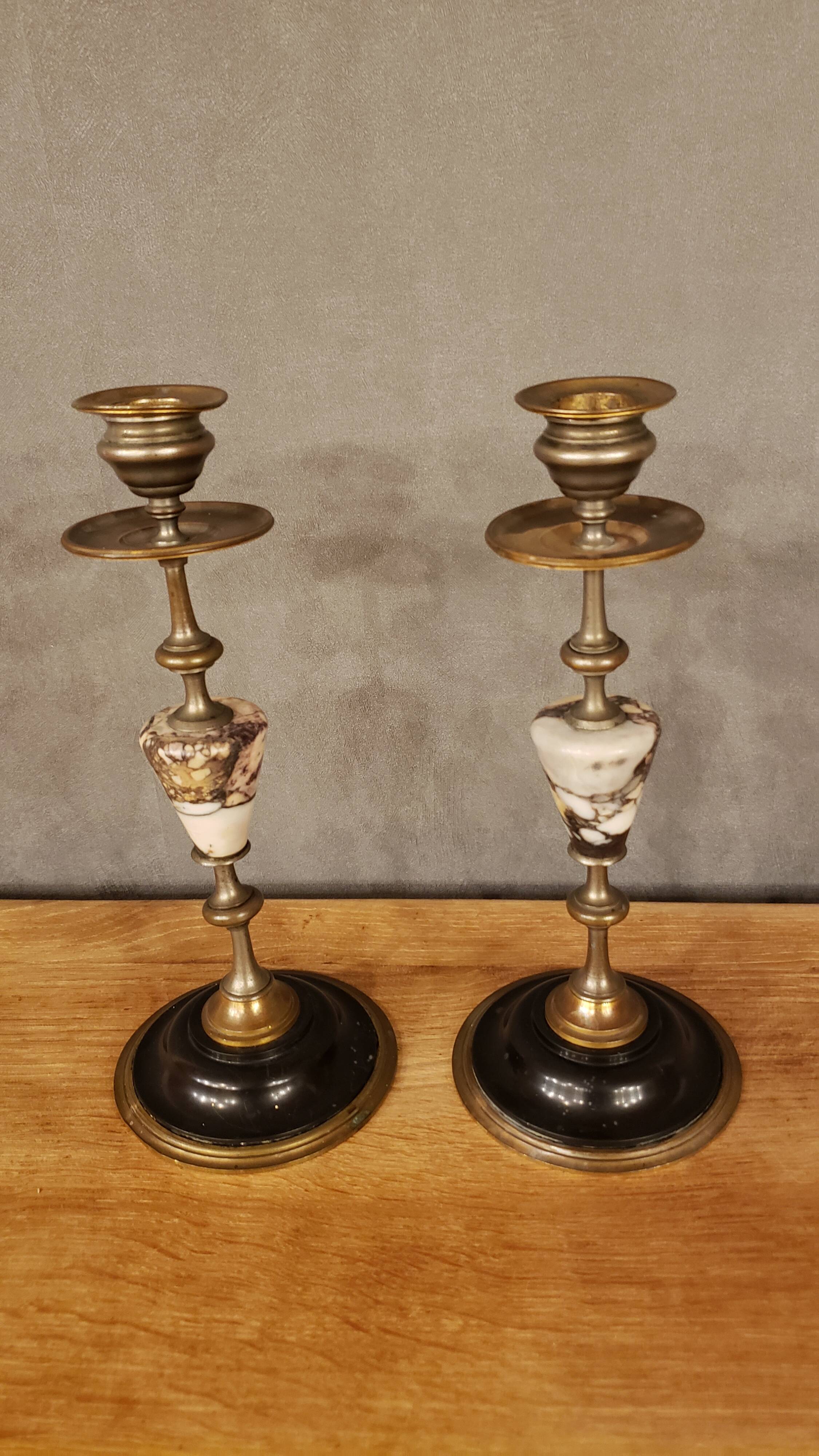 Pair of brass + marble or stone candlesticks
