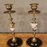 Pair of brass + marble or stone candlesticks