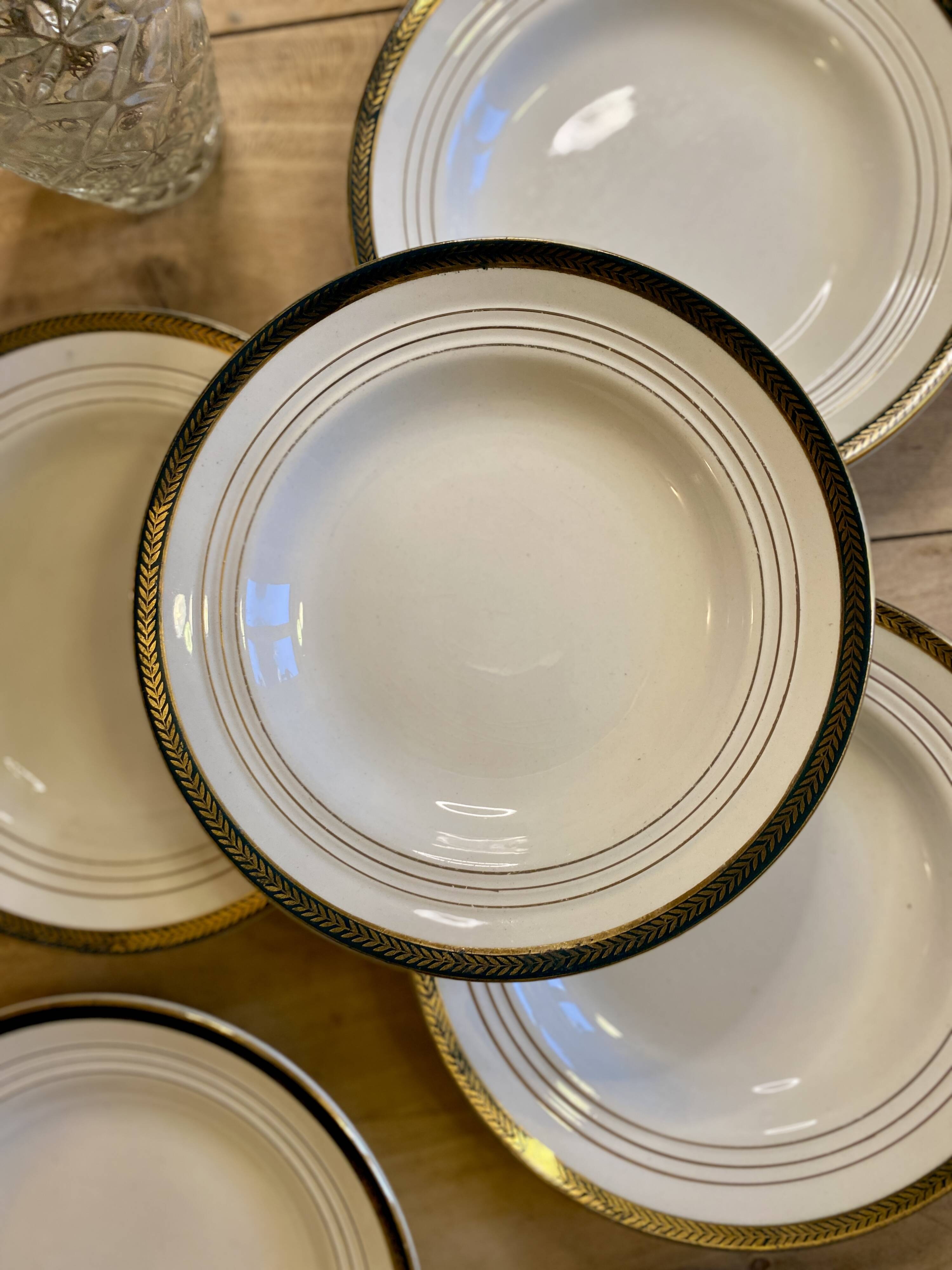 Set of 6 vintage semi-porcelain soup plates, Chinon de Céranord green and gold frieze