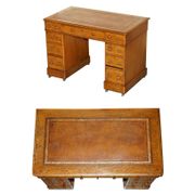 Bureau victorien en chêne miel avec cuir teint à la main