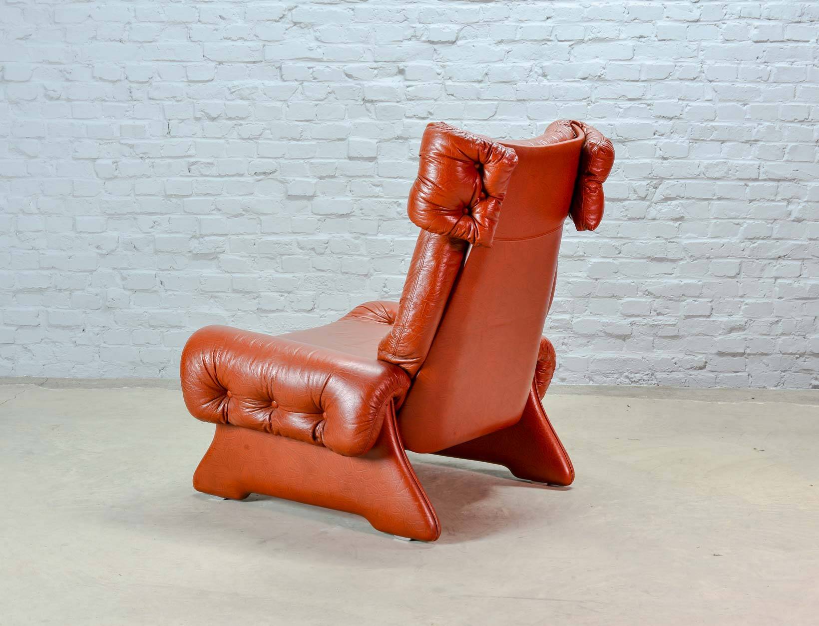 Brutalist Sculptured Brazilian Style Cognac Leather Lounge Chair, 1970s