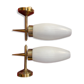 Paire d’appliques 1970 laiton doré et verre
