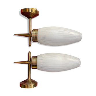 Pair of wall lamps 1970 gilded brass and glass