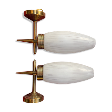 Paire d’appliques 1970 laiton doré et verre