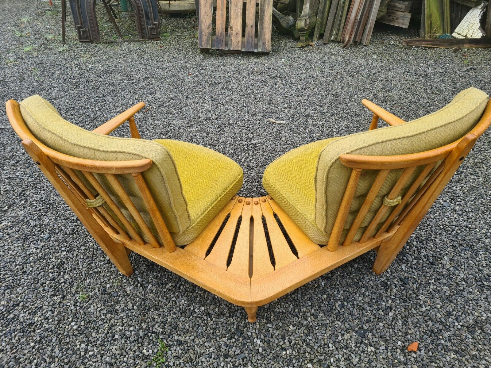 Vintage oak fan bench by Guillerme and Chambron