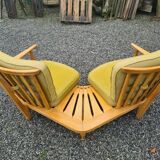 Vintage oak fan bench by Guillerme and Chambron