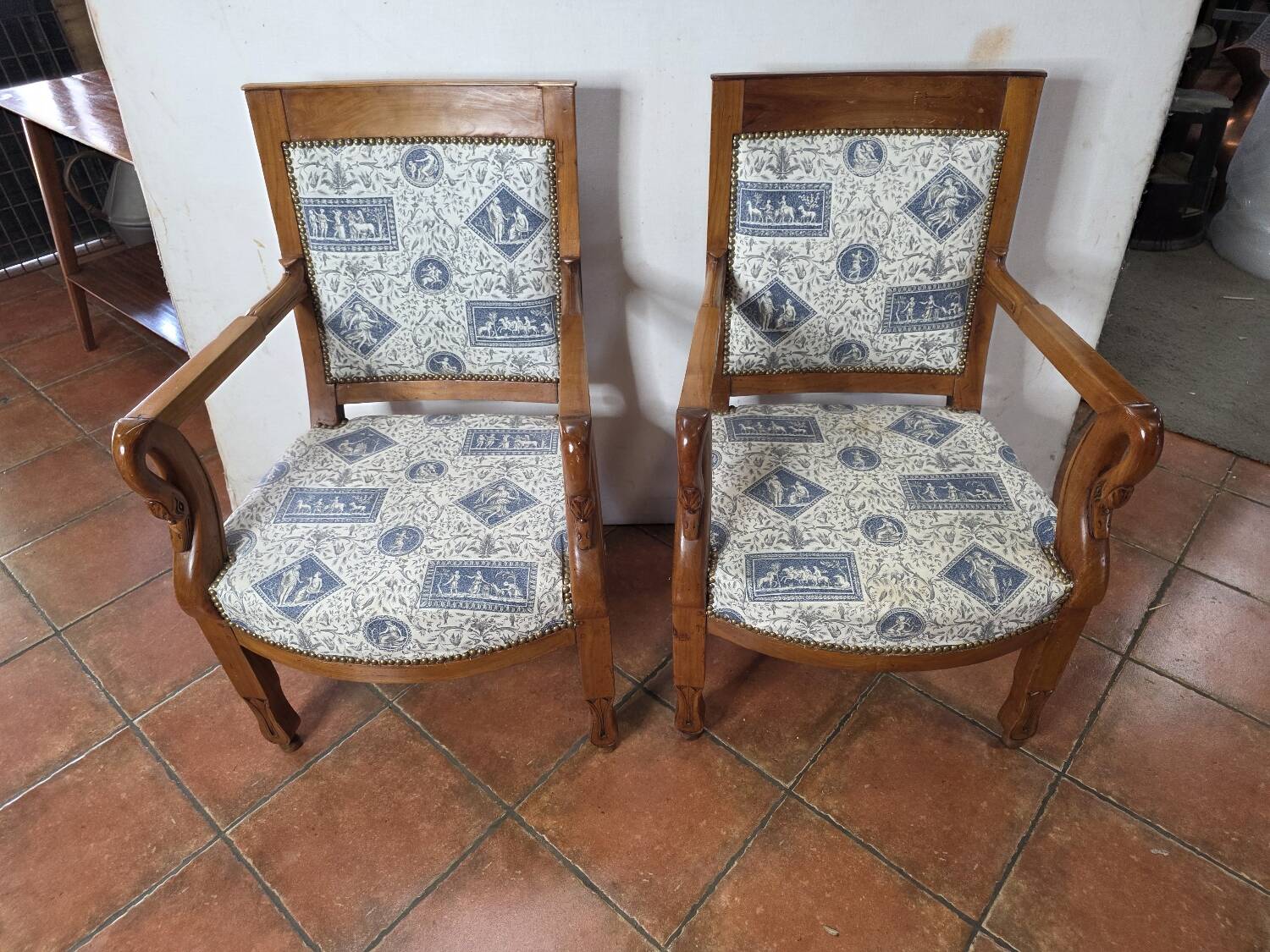 Pair of 19th century restoration armchairs in cherry wood