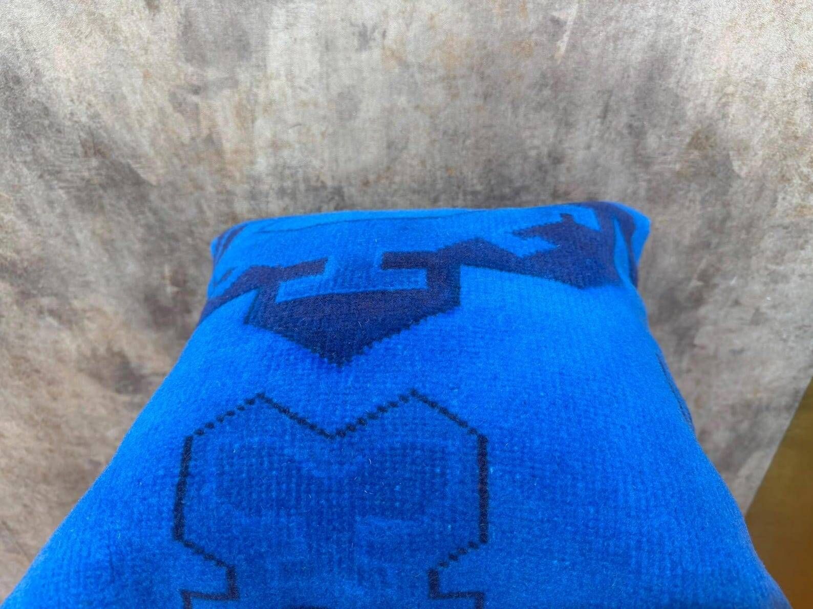 Blue Tribal Totem Rug Pillow, 16x16 Anatolian Wool Cushion