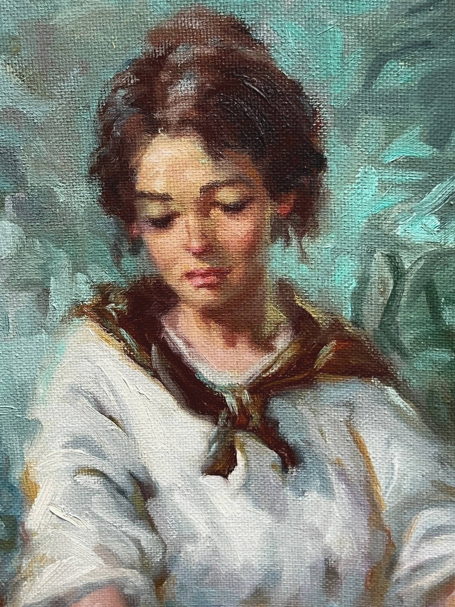 Portrait of a girl with flowers by Alfredo Mompo Roca.