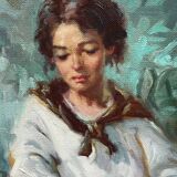 Portrait of a girl with flowers by Alfredo Mompo Roca.