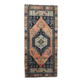 Tapis de couloir en laine fait main bleu marine et orange, 3x7, 102x223 cm