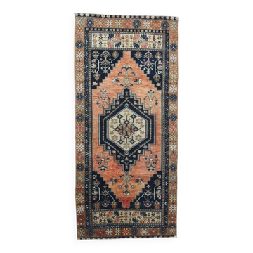3x7 Runner Navy Blue & Orange Handmade Wool Runner Rug, 102x223Cm