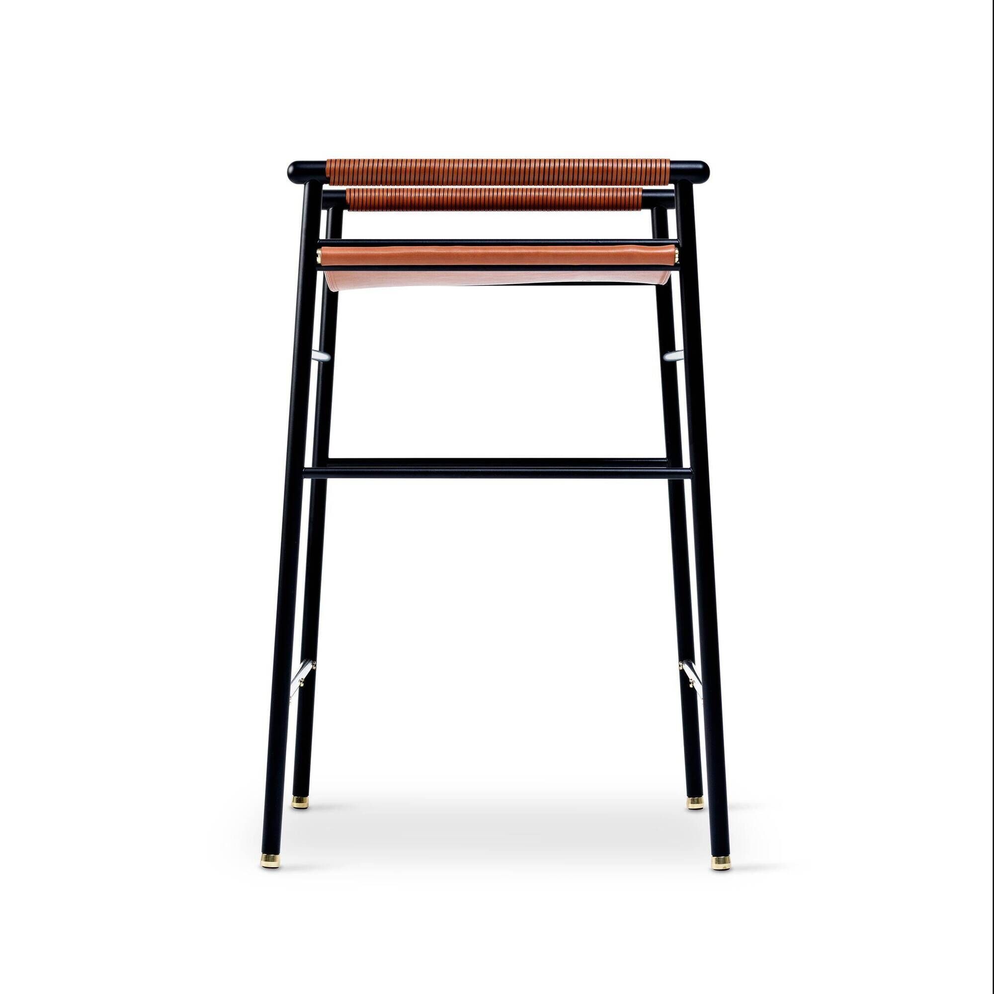 Set of 3 contemporary bar stools in natural brown leather and black rubber.