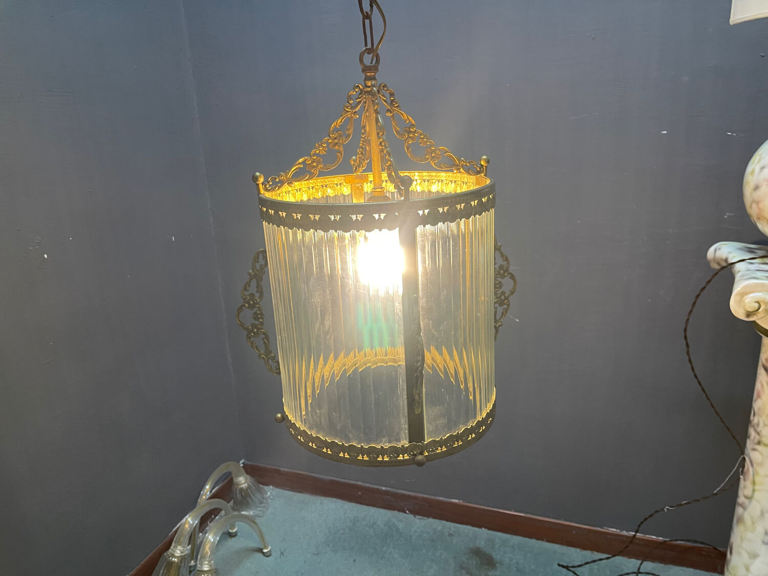 Brass Ribbed Glass Light Pendant 1950’s