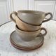 Set of 3 large tea cups and their saucers in artisanal sandstone 70s
