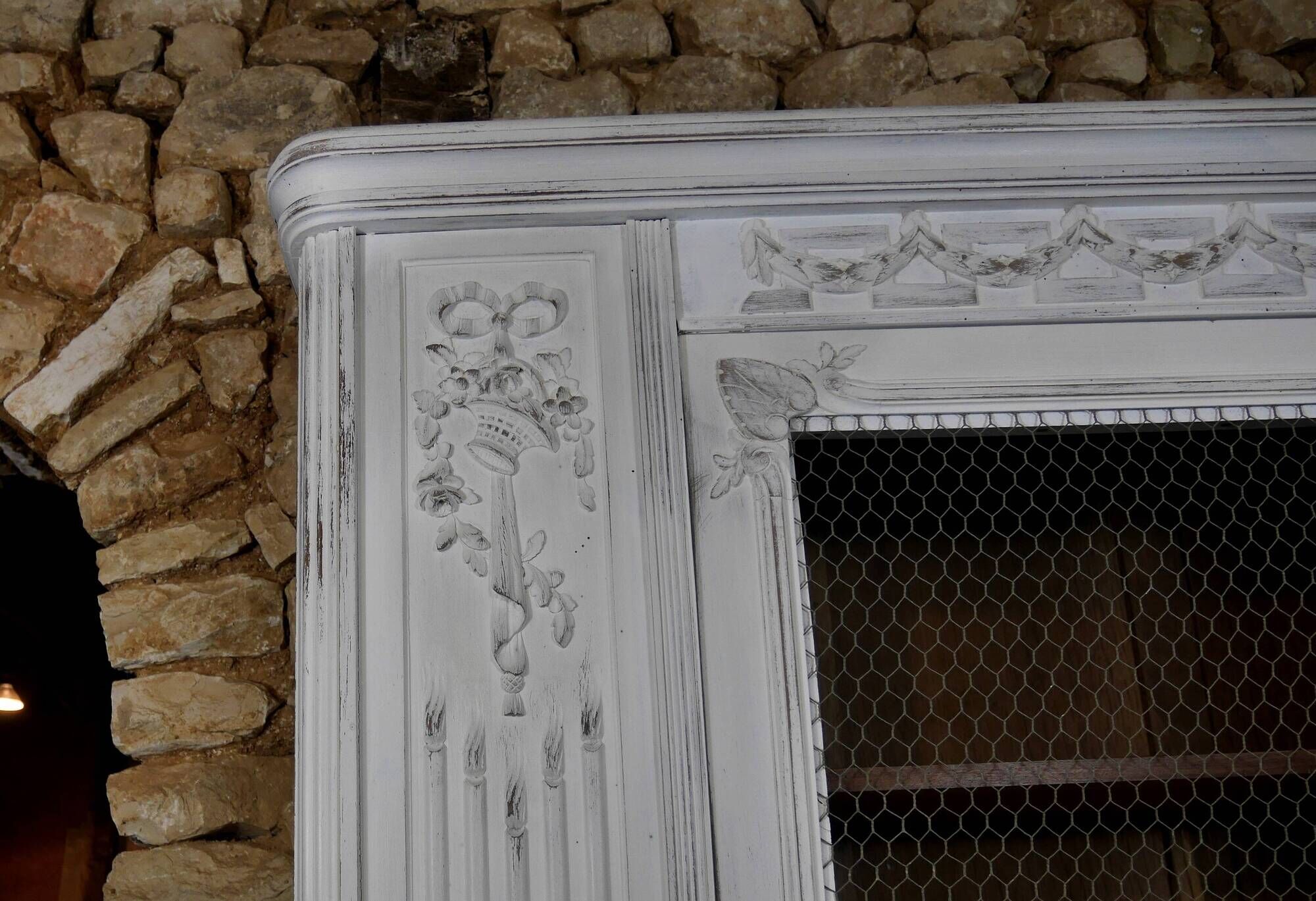 shabby wardrobe with Louis XVI style mesh door