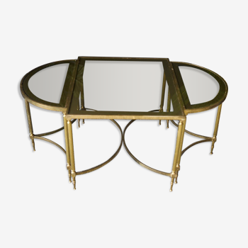 French Hollywood revival brass & glass coffee table & d-shape side tables 1970s