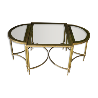 French Hollywood revival brass & glass coffee table & d-shape side tables 1970s