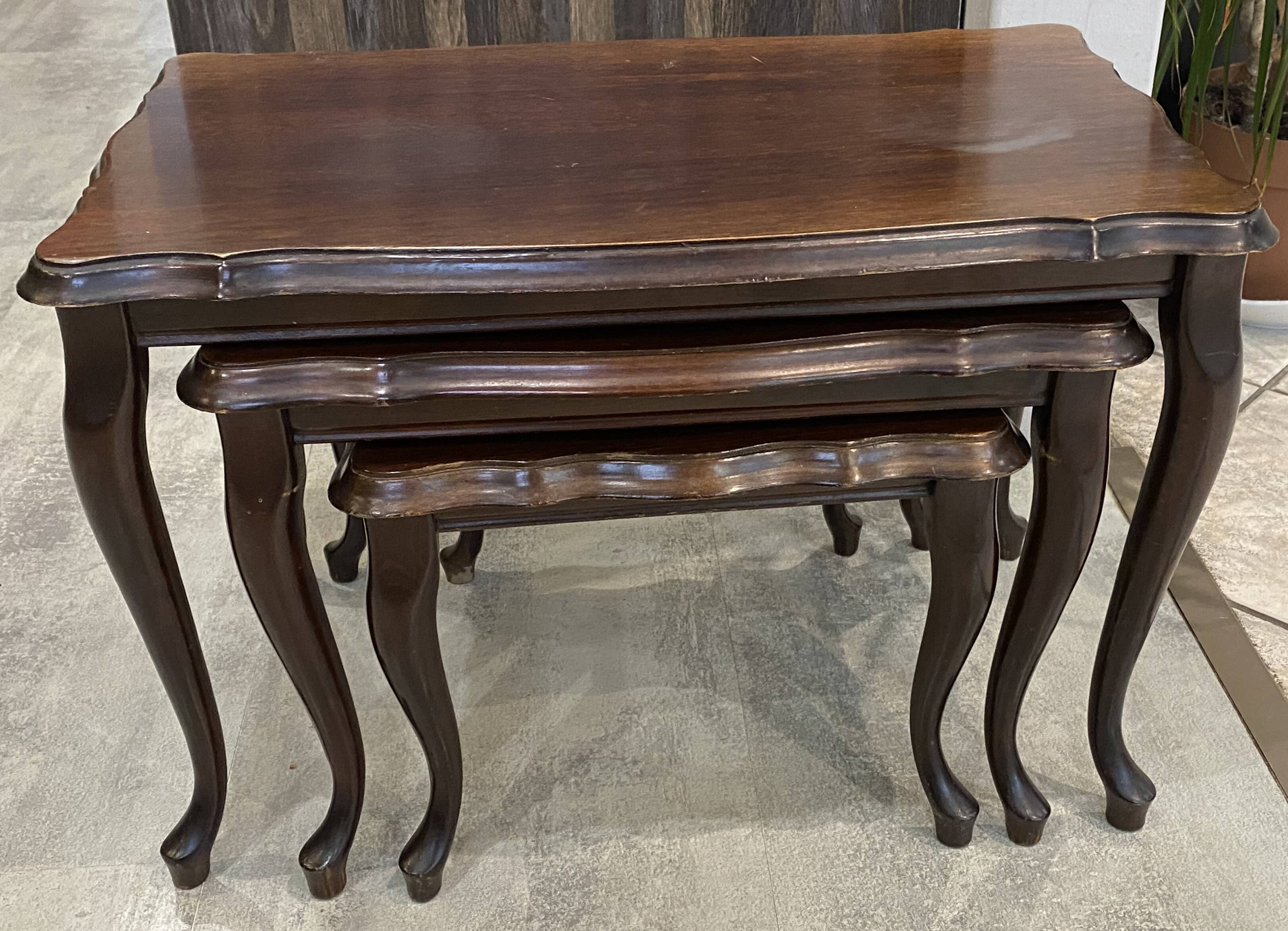 Set of 3 rustic nesting coffee tables in Louis XV style from 1950.